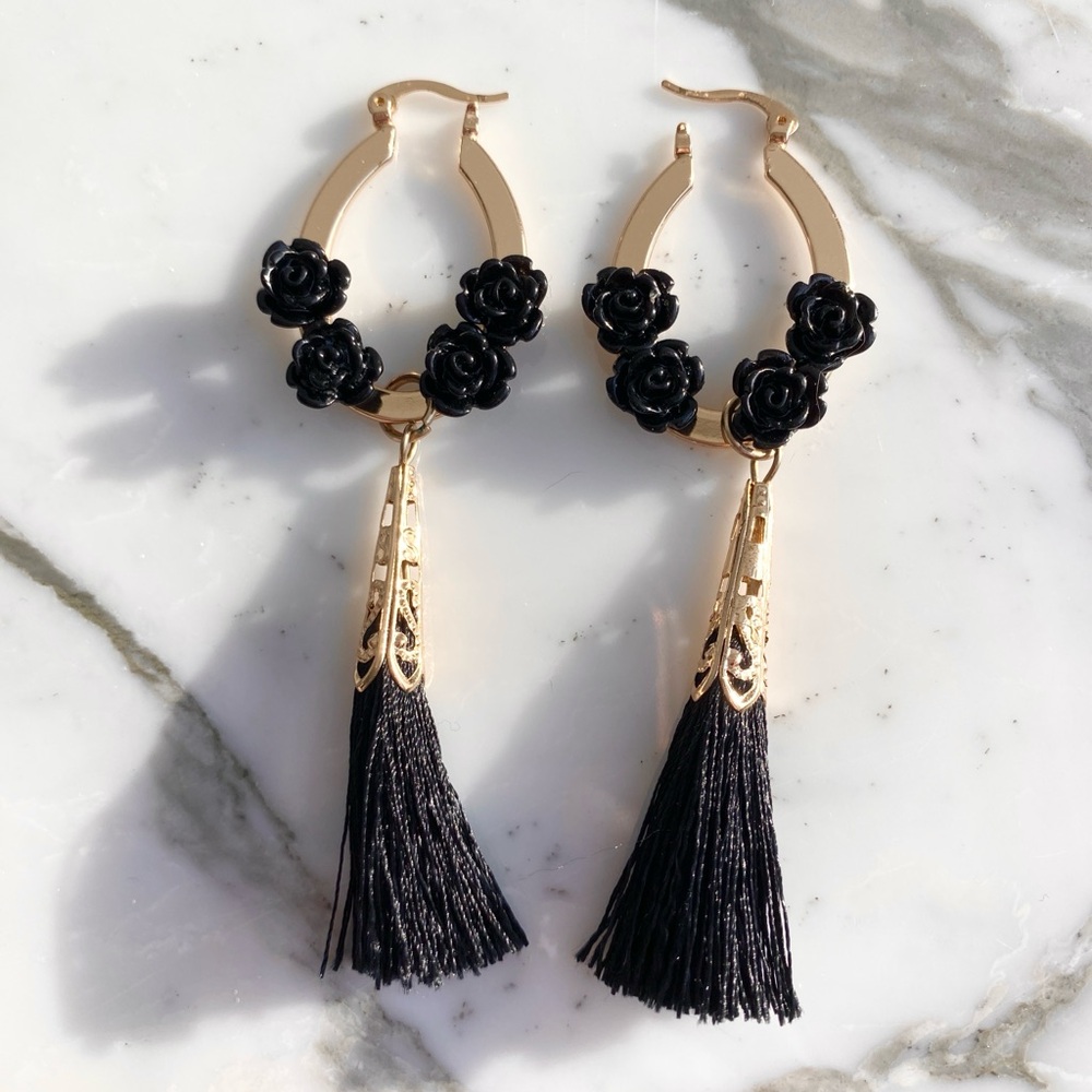 Black Rose & Tassel Gold Tone Drop Earrings